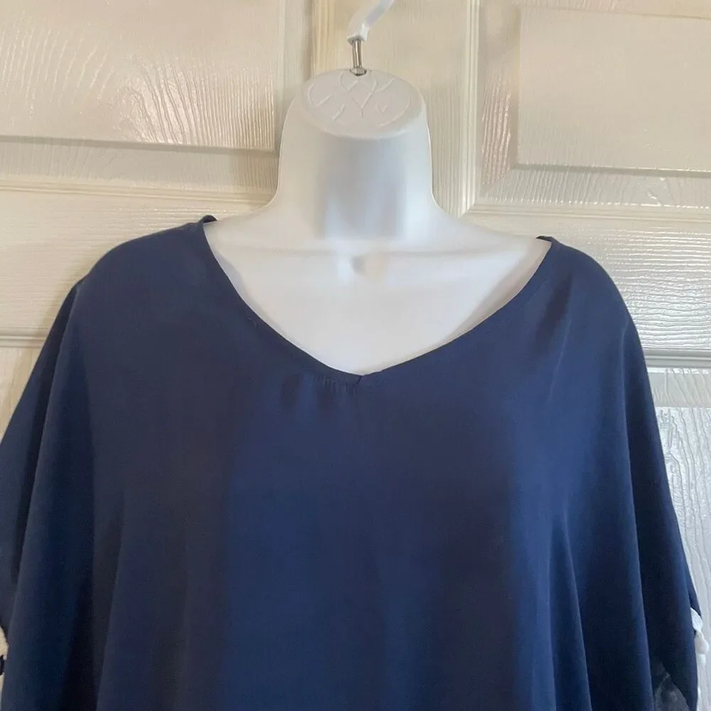 Boutique Small Bikini Cover Up Poncho Blouse Navy Blue White